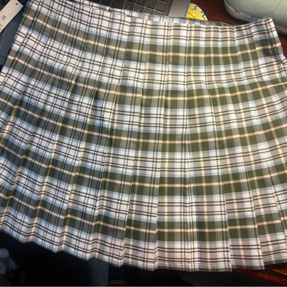 George Olive Green and White Plaid Pleated Mini Skirt